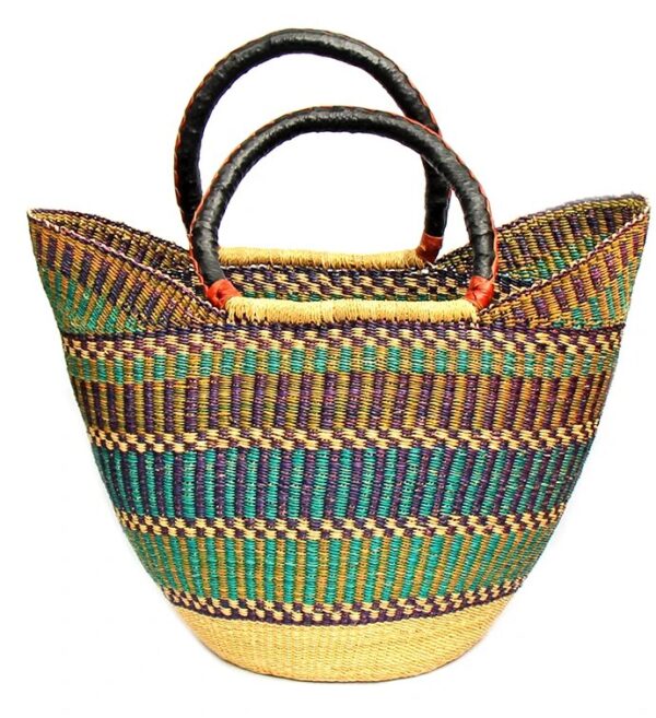 Bolga Tote, Mixed Colors with Leather Handle – 18-inch – Artequests